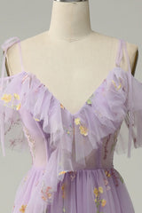 Lavender Floral Ruffles Tulle A-line Long Prom Dress