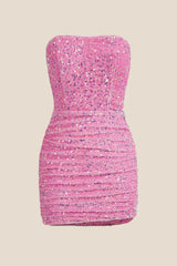 Strapless Pink Bodycon Sequin Short Dress