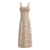 White Floral Ruched Neckline Bow Long Dress