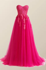 Hot Pink Lace Appliques A-line Long Dress