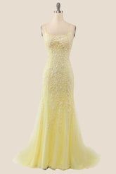 Yellow Mermaid Lace Appliques Long Formal Dress