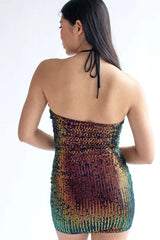 Black Disco Sequin Halter Mini Dress