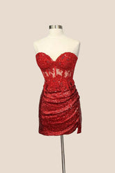 Strapless Red Sequin Tight Short Dress