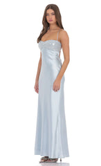 Sequin Bust Satin Maxi Dress in Light Blue