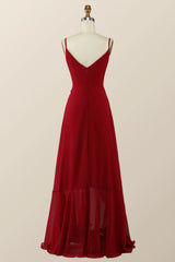 Wine Red Chiffon Wrap Ruffle Long Bridesmaid Dress