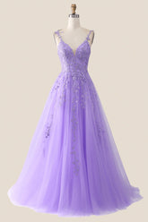 V Neck Lavender Lace A-line Long Prom Dress