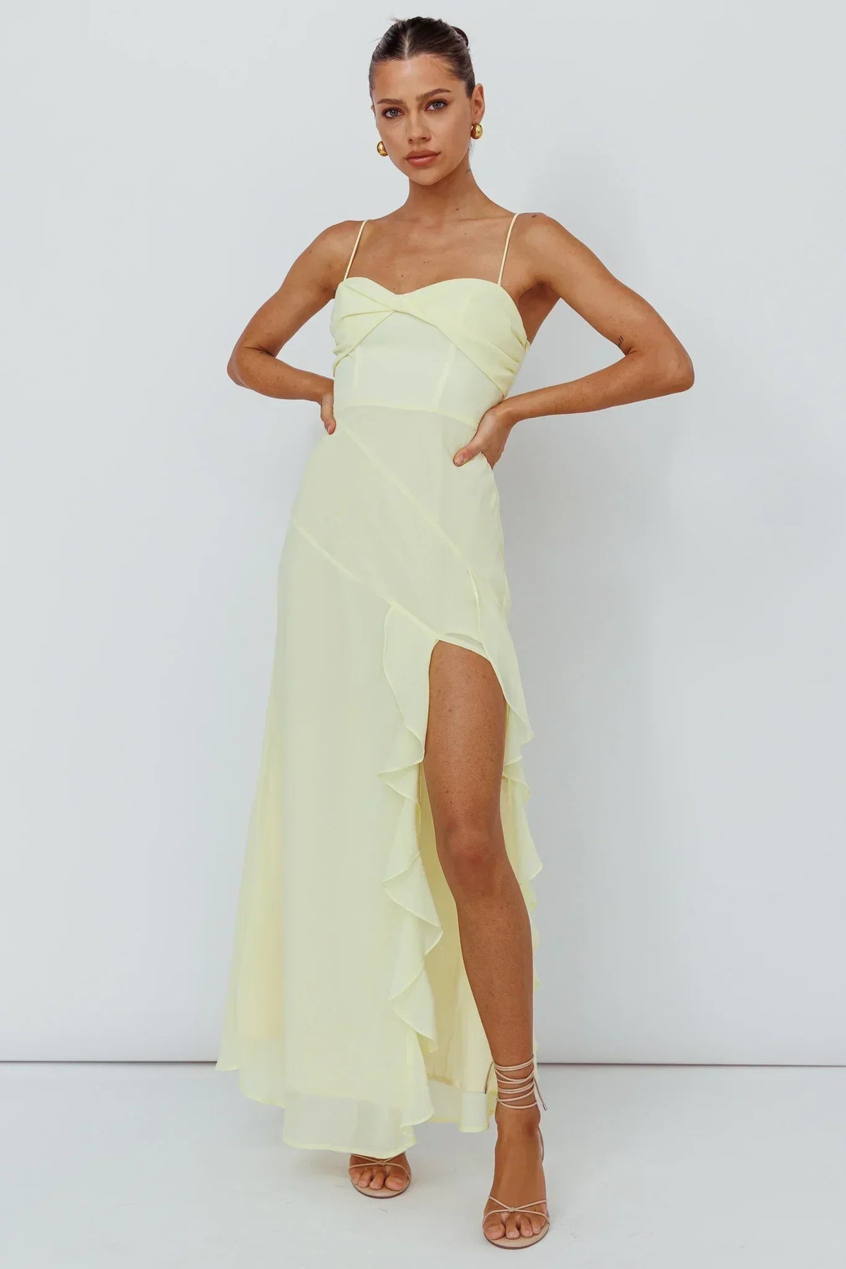 Jayna Ruffle Trim Split Dress Yellow