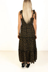 Black & Gold Floral Lace Trim Tiered Maxi Dress
