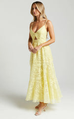 Jorie Midi Dress - Strappy Front Cut Out Tiered Skirt in Pastel Yellow