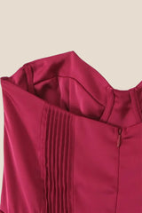 Strapless Burgundy Pleated A-line Midi Dress