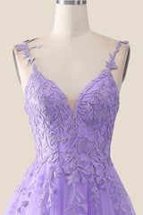 V Neck Lavender Lace A-line Long Prom Dress