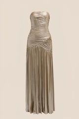 Strapless Champagne Pleated Fitted Long Prom Dress