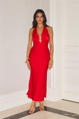 Gold Romance Halter Satin Maxi Dress