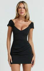 Veronika Mini Dress Off Shoulder Plunge Fit And Flare Dress in Black