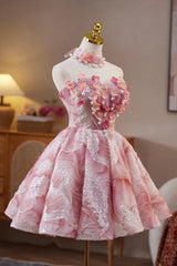 Strapless Pink 3D Floral Short Dress