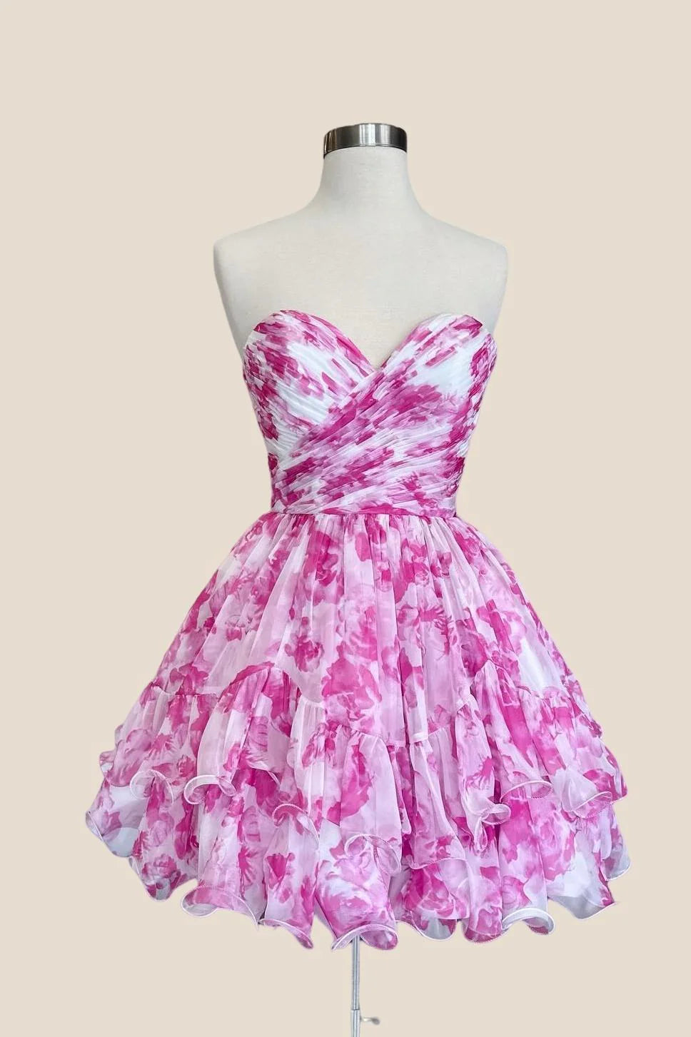Strapless Pink Print Ruched Short Princess Dress