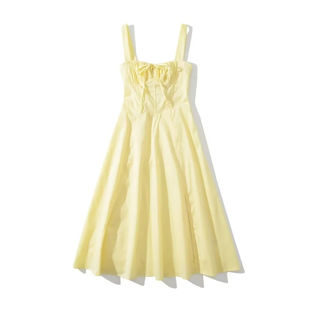 Yellow Ruched Neck Bow Short Party Dress