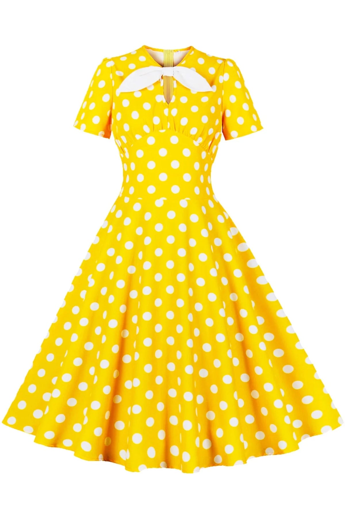 Yellow and White Polk Dots Bow Swing Dress